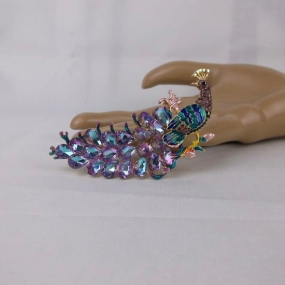 Enameled Rhinestone Big Peacock Brooch - Picture 2 of 2